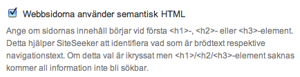 Inställningar i SiteSeeker Admin för Semantisk HTML.